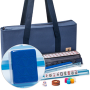 American Mahjong Game Set, "Santorini" with Blue Soft Case - Racks with Pushers, Scoring Coins, Dice, and Wind Indicator