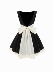 Velvet Boat Neck Ruffle Tie Back Two Tone Patched Backless Mini Babydoll Dress