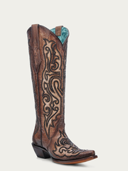A4773 - WOMEN'S EMBROIDERY AND CRYSTALS CRACKLED TOBACCO TALL TOP SNIP TOE COWBOY BOOT
