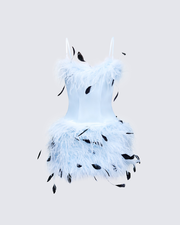 Meadow Blue Feather Backless Mini Dress