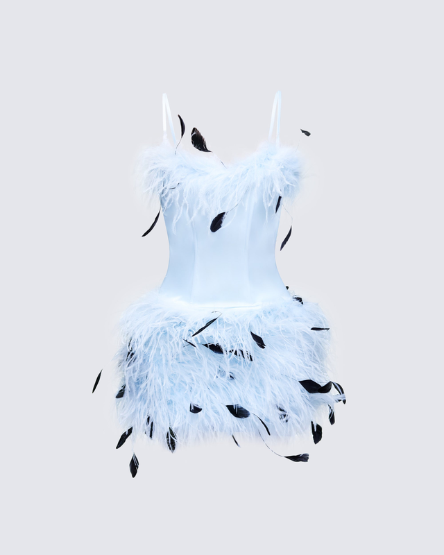 Meadow Blue Feather Backless Mini Dress