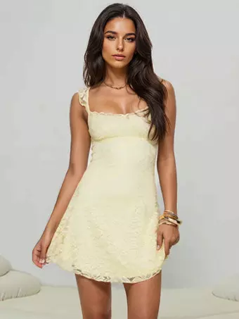 Lemon Yellow Lace Slip Dress Elegant Summer Mini Dress For Women 2025
