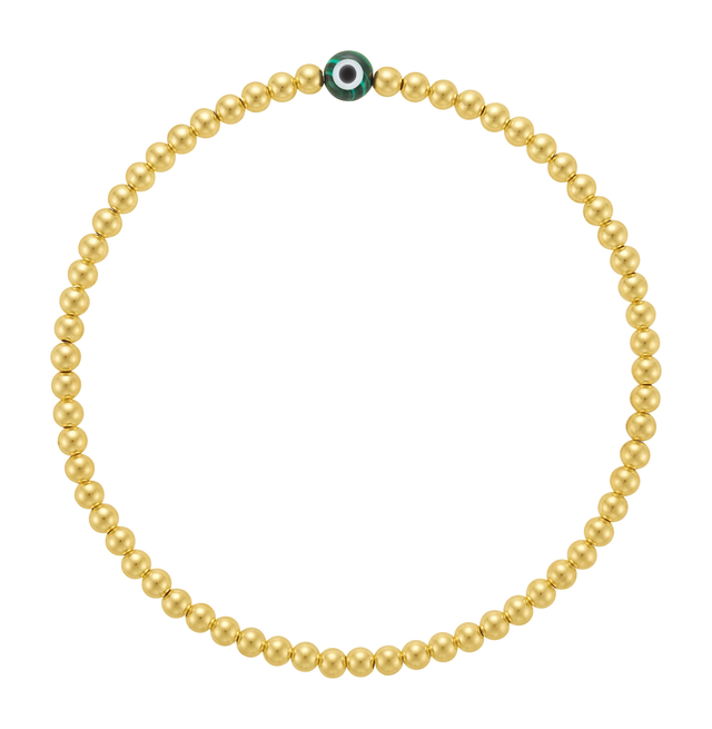 LJ 3mm 14k Gold Filled Bead Stretch Bracelet with Green Malachite Evil Eye