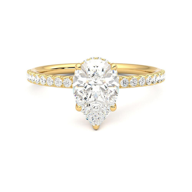 Pear Shaped Moissanite Engagement Ring with Hidden Halo and Anniversary Stone Accent
