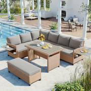 5-Piece Outdoor Rattan Patio Sectional Sofa Set with Dining Table and Bench – Brown