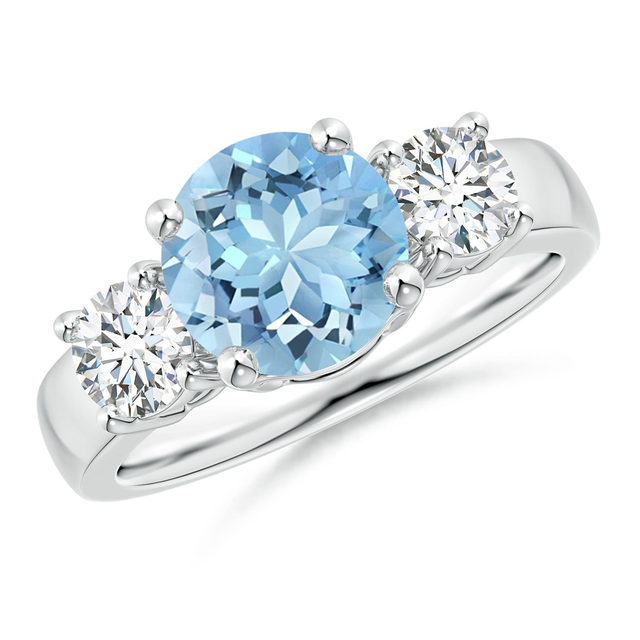 Classic Round Aquamarine and Diamond Three Stone Engagement Ring
