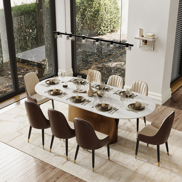 9-Piece Modern Oval Dining Table Sets for 8, 94" Modern Classic Pedestal Dining Room Set with 8 Chairs, White Glossy Sintered Stone Dining Table with Bronze Carbon Steel Base