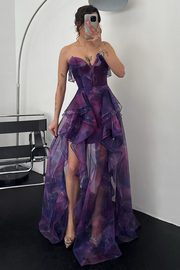 Ruffled Slit Sheer Hem Strapless Floral Print Maxi Dresses-Purple [Pre Order]