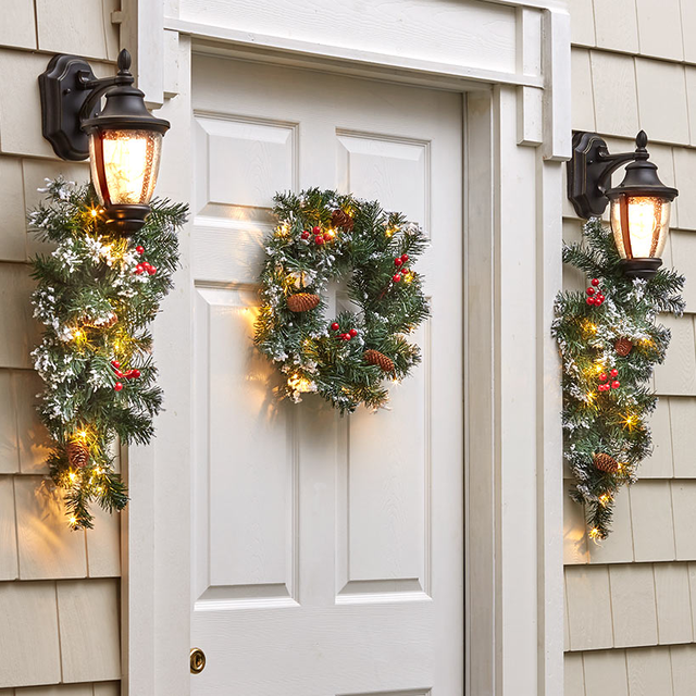 Snow-Tipped Pre-Lit Holiday Wreath or Vertical Swag