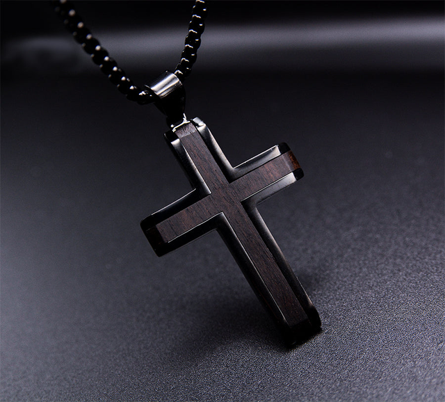 Noir Devotion Stainless Steel Men's Cross Necklace with Ebony Wood