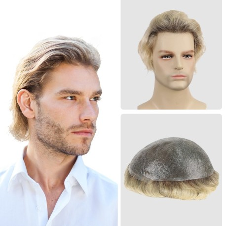 Travis Dark Rooted Platinum-blonde Hair System | 0.06-0.08mm Single Knotted Full Skin