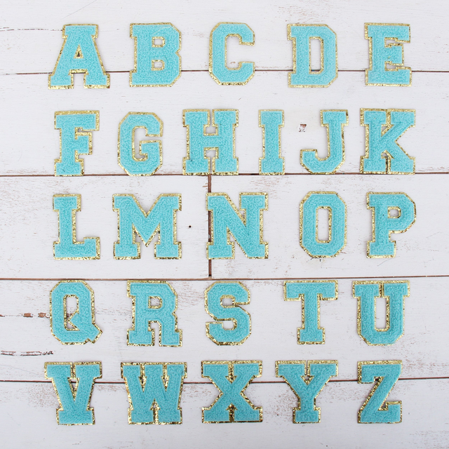 26 Letter Set of Blue Chenille Letter Patches - Iron-On Full Alphabet - Small 5.5 cm Chenille with Gold Glitter