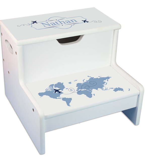 Blue World Map White Storage Step Stool