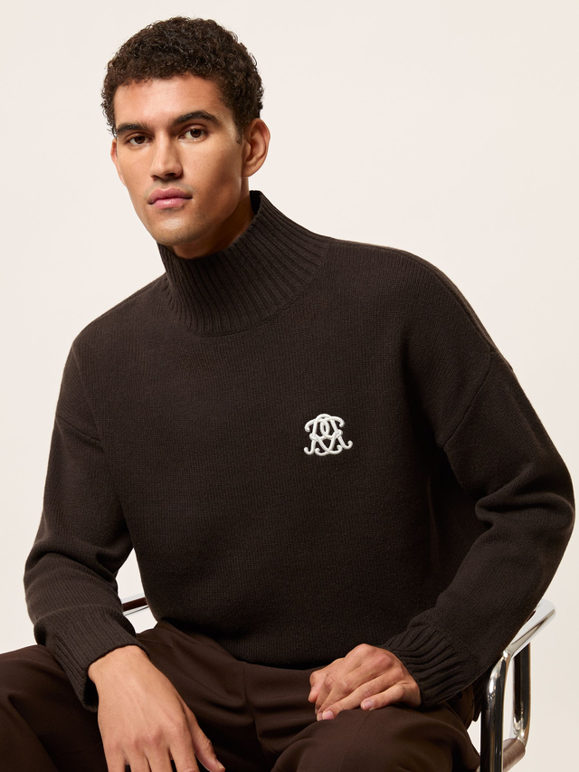 Monogram Wool Relaxed Jumper in Dark Brown