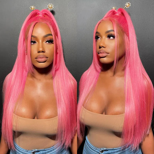 Pink Wig 13*4 Transparent Lace Frontal Wig 5*5 Lace Closure Bone Straight Wig Ashimary Human Hair