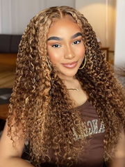Ready And Go Wig-Curly Brown Hair With Blonde Highlights Pre-Cut HD 5x5 Closure Wig For Sale