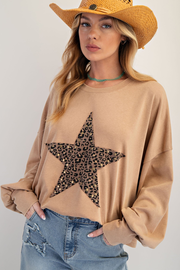Easel OVERSIZED Leopard Print Star Patch with Studs Top in Camel
