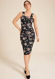 Bare Floral Ruched Square Neck Midi Dress
