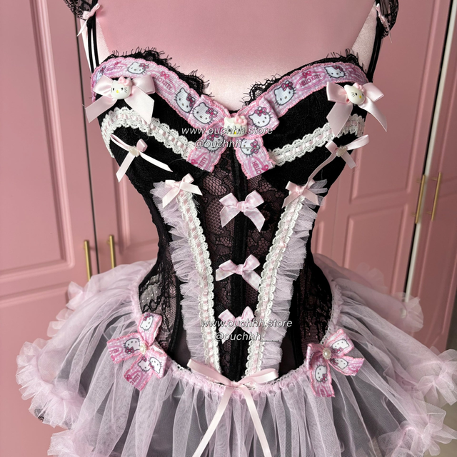 Ballerina Kitty Corset Lingerie + Tulle Mini Skirt (Black)