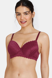 Zivame New Romance Padded Wired 3/4Th Coverage Lace Bra - Beet Red