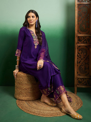 Women's Purple Chanderi Embroidery Work Kurta With Pant And Duppata Set - Dwija Fashion USA