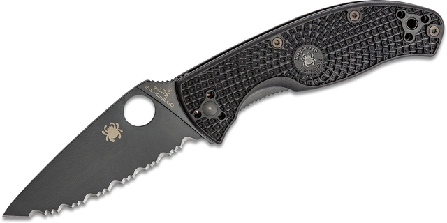Spyderco Lightweight Tenacious Folding Knife 3.39 inch Black Oxide Serrated Blade, Black FRN Handles