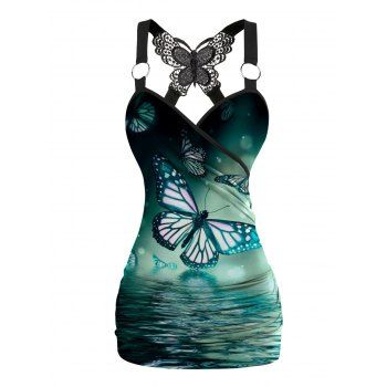 Butterfly Water Print Tank Top Lace Butterfly Back Ruched Surplice O Ring Strap Tank Top