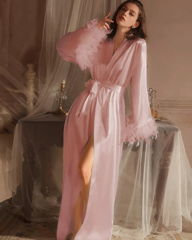 Washable Silk Bridal Robe with Feathers