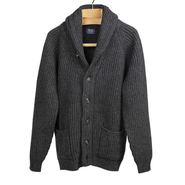 Shawl collar 8-ply cardigan jacket in Charcoal grey supergeelong lambswool