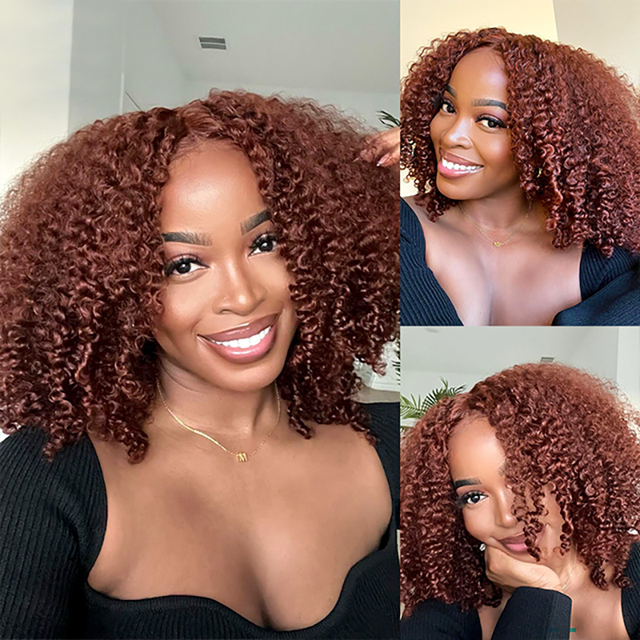 ISEE Kinky Curly Reddish Brown Glueless Wig Pre Cut Lace Wear Go Wig
