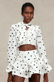 Nialla Long Sleeves Dot Printed Pearl Folds Bowknot Top And Skirt Two-Piece Set