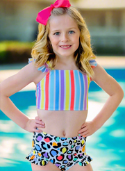Stripes & Rainbow Leopard Flutter Bikini Swimsuit