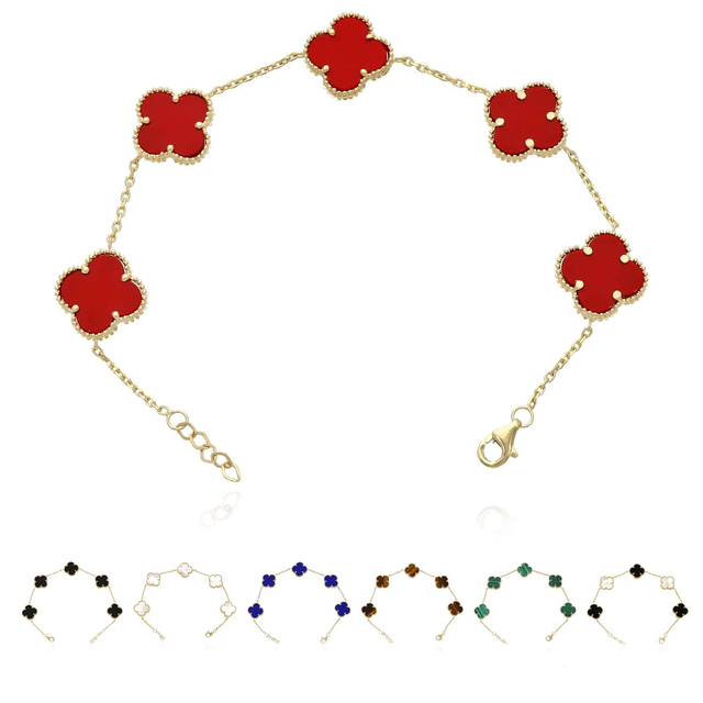 14K Real Gold Gemstone Clover Leaf Bracelet 7"-7.5" Adjustable