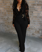 Crochet Lace Trim Deep V-Neck Floral Lace Spliced Ovearalls Casual Zipper Back Seam Front Jumpsuit with Belt