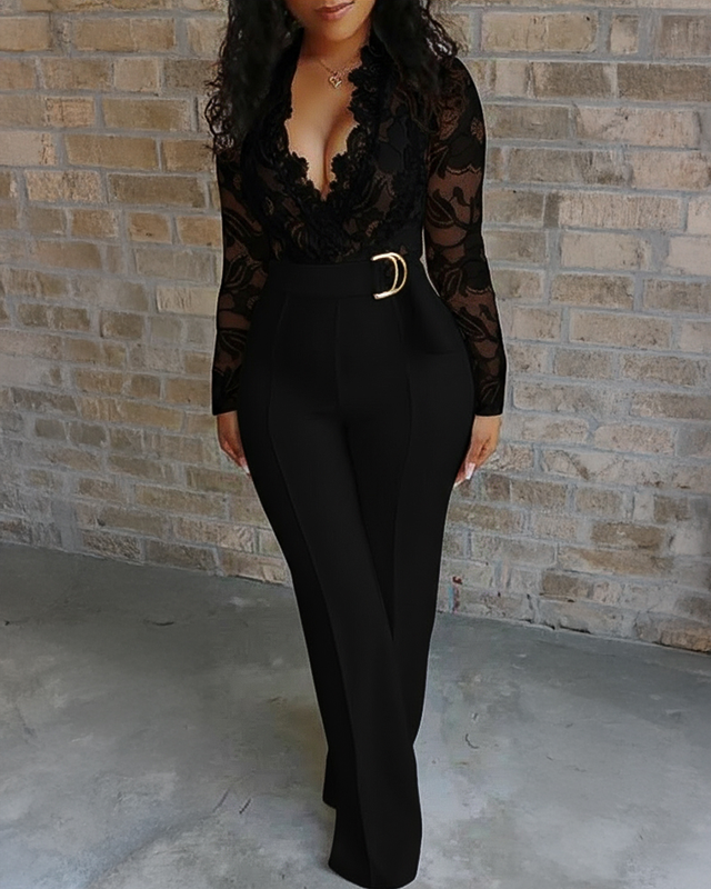 Crochet Lace Trim Deep V-Neck Floral Lace Spliced Ovearalls Casual Zipper Back Seam Front Jumpsuit with Belt