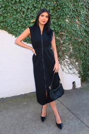 Black Zip Up Front Smocked Midi Dress - FINAL SALE