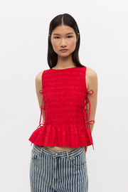 Red Cotton Smock Tie Top