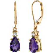 Teardrop Amethyst and Diamond Leverback Earrings 14K Yellow Gold 2 Carats Total