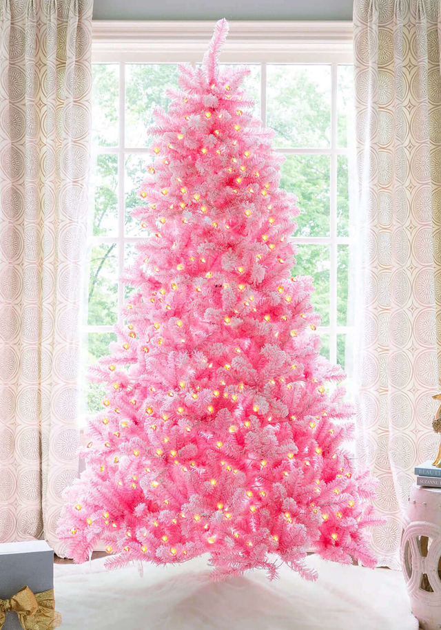 7.5' Duchess Pink Flock Artificial Christmas Tree with 600 Warm White LED Lights