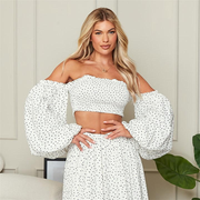 I Saw It First Printed Shirred Puff Sleeve Bandeau Crop Top Co-Ord
