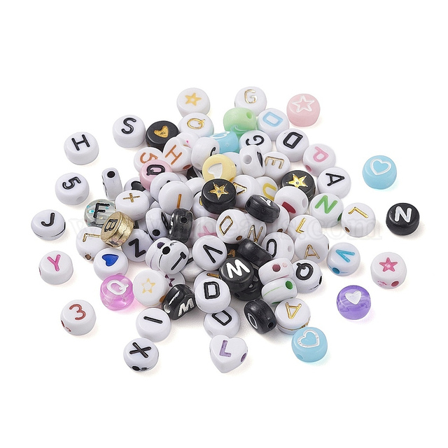 Acrylic Beads, Flat Round with Mixed Pattern, Mixed Color, 6.5~7x3~3.5mm, Hole: 1mm, about 389pcs/50g