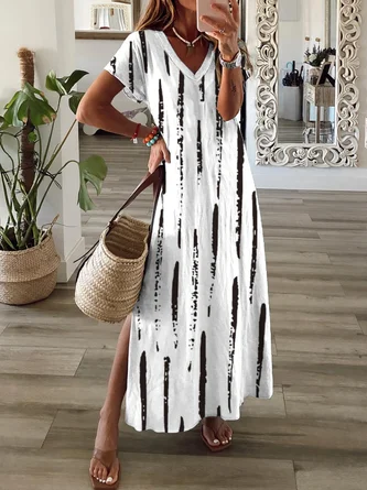 Women Striped Short Sleeve V Neck Casual Maxi Dress