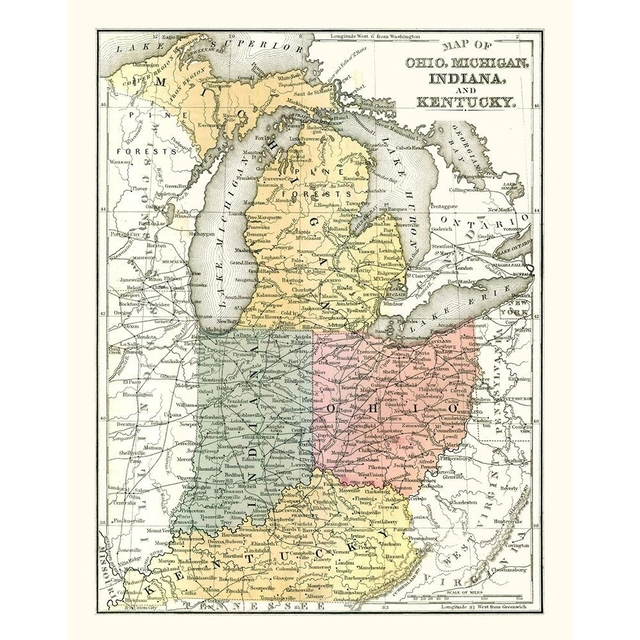 Ohio Michigan Indiana Kentucky - Mitchell 1869 Poster Print by Mitchell Mitchell-VARPDXUSOH0004
