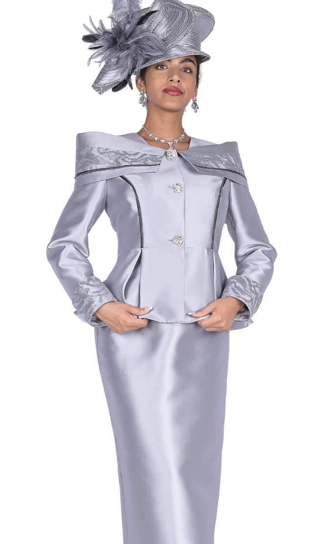 Elite Champagne Silver Satin Twill Skirt Suit: Peplum Jacket, Rhinestone Buttons