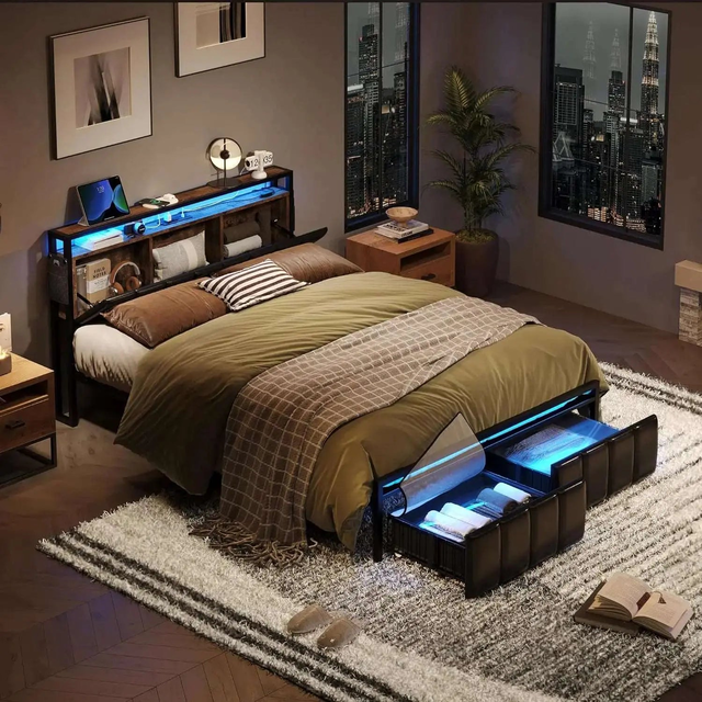 Bestier LED Bed Frame with Hidden Storage Headboard