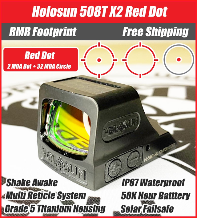 Holosun 508T X2 Red Dot, 32 MOA Ring & 2 MOA Dot, RMR Footprint, MRS Reticle, Side Battery, Solar Failsafe - HE508T-RD-X2