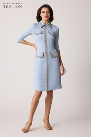 Boucle Ribbon Trim Shirt Collar Dress