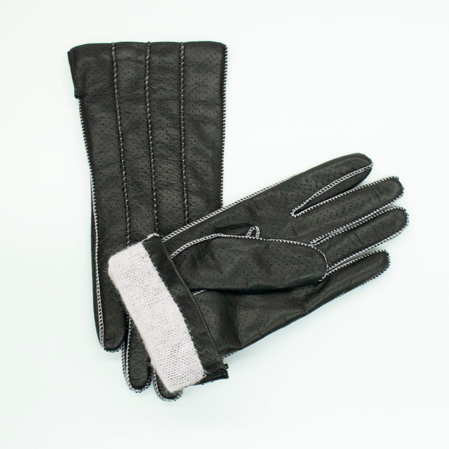 Womens | Leather Gloves with Contrast Color Stitch And Lining | Black/Barbie Pink