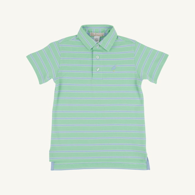 Prim & Proper Polo & Onesie - Grace Bay Green, Beale Street Blue, & Worth Avenue White Stripe with Beale Street Blue Stork