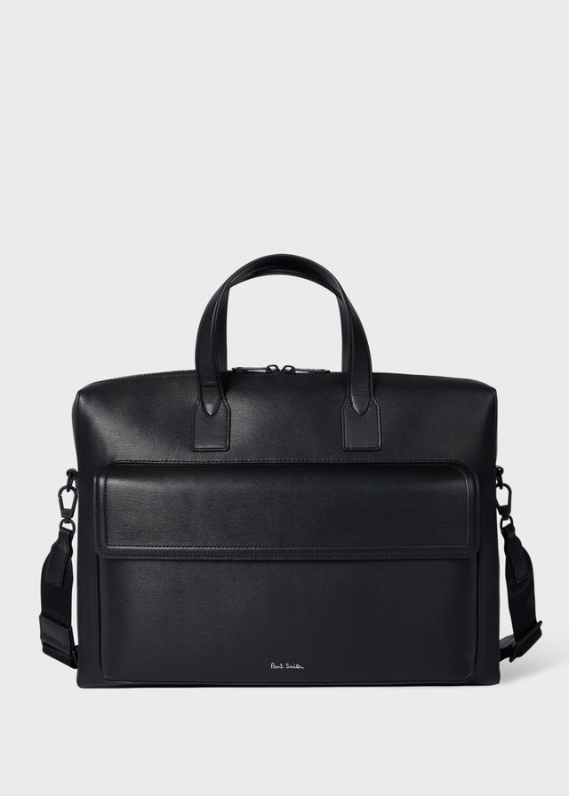 Black Straw-Grain Embossed Leather Folio